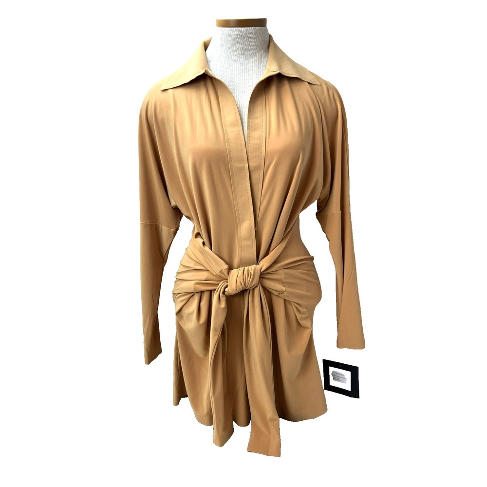 NWT Norma Kamali Romper Gold Poly‎ Spandex Sash Belt Collared V-Neck SZ XS - Picture 5 of 16